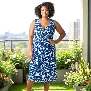 NWT💙Leota Ivy Blue Floral Front Knot Stretch Midi Dress Size 2XL